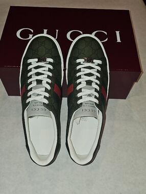 Gucci Green GG Canvas Sneakers with Red Web Stripe